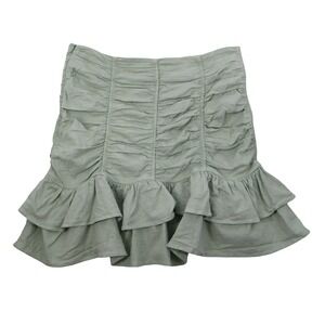 Zara Sage Green Ruched Ruffle Mini Skirt Linen Blend Side‎ Zip Size S